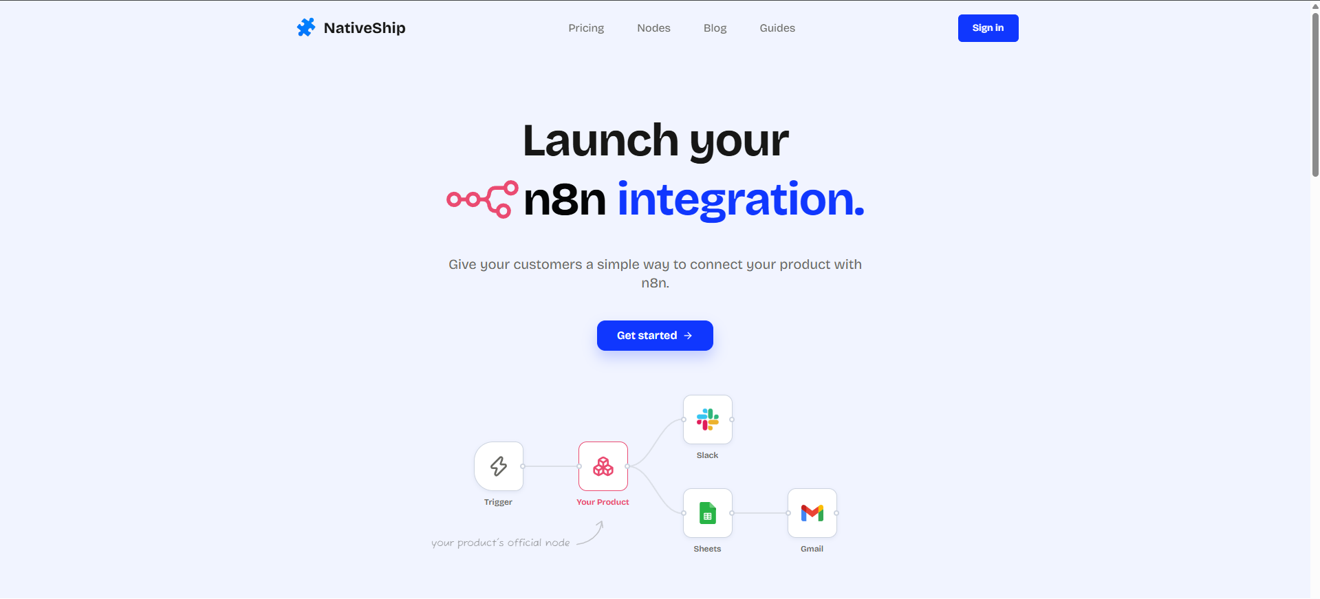 NativeShip landing page showing its n8n integration message and workflow example