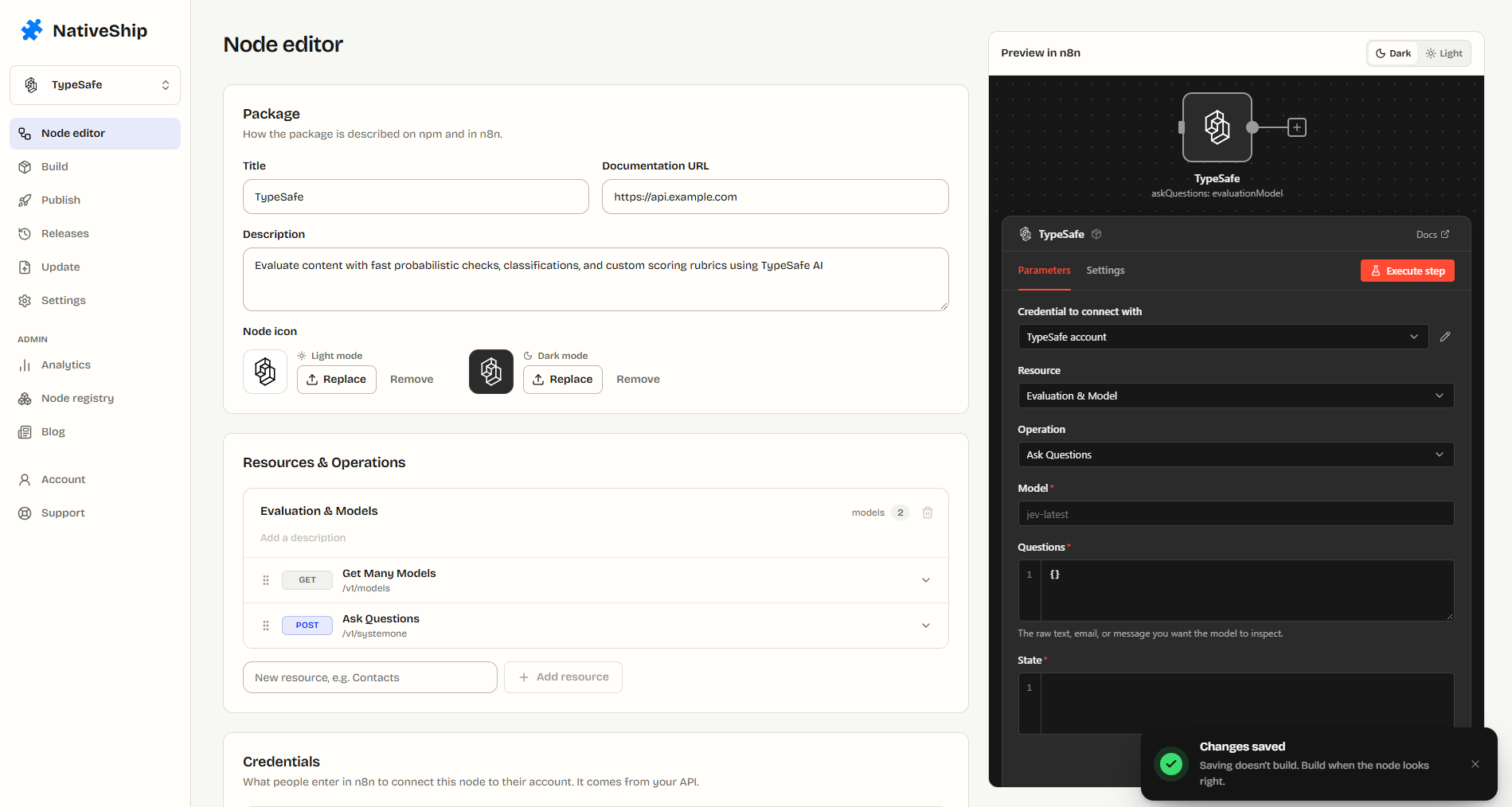 NativeShip node editor showing resources, operations, and an n8n preview