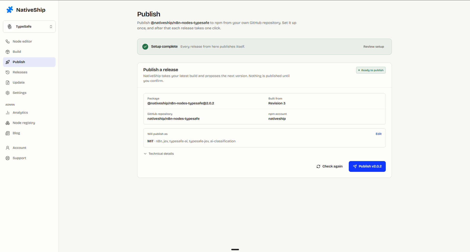 NativeShip publish screen showing a package ready to publish from GitHub to npm