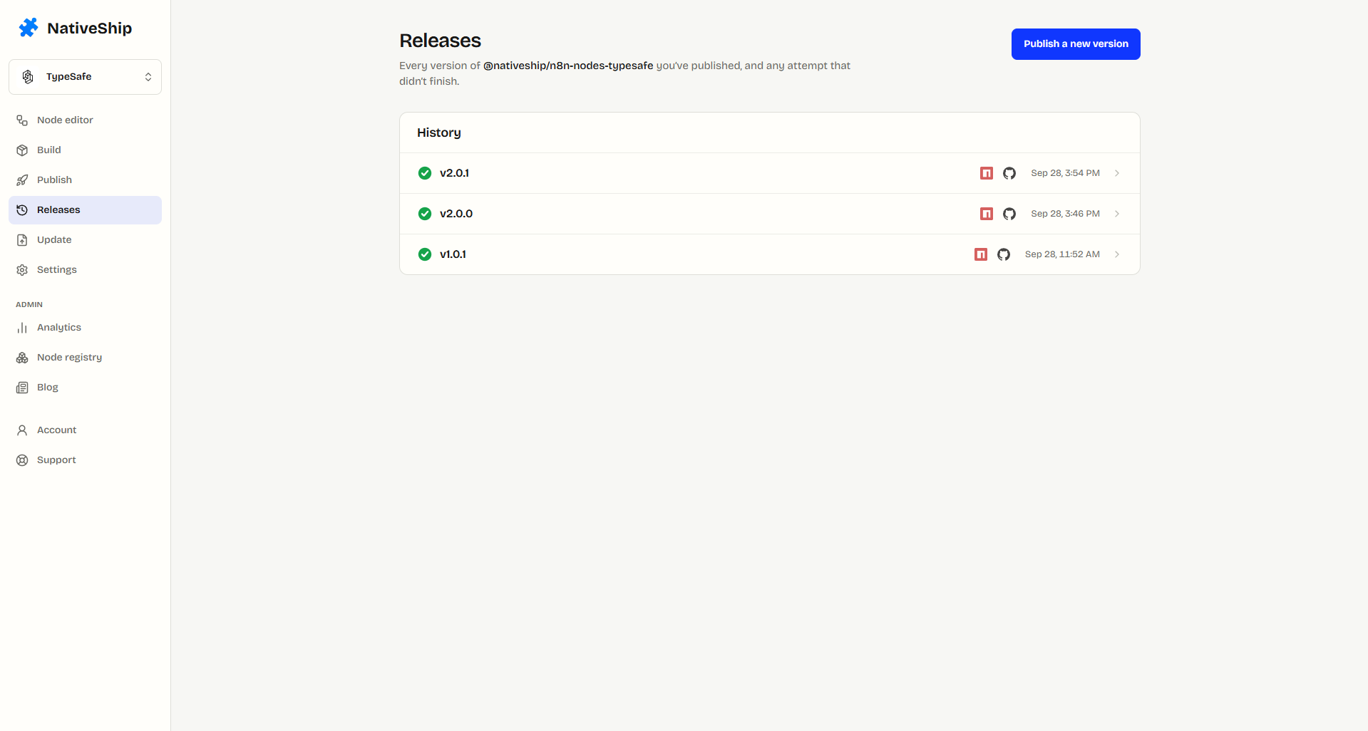 NativeShip releases screen showing package versions and release history