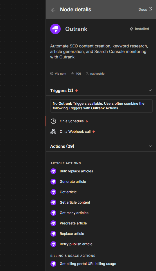 Outrank node details in n8n showing its triggers and 29 actions
